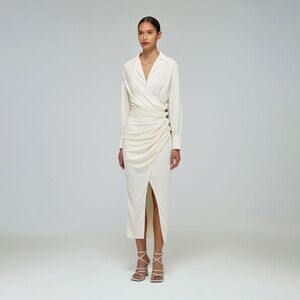 Self-Portrait Cream Long-Sleeve Wrap Midi Dress